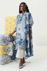 Blue Floral Lawn Suit with Chiffon Dupatta