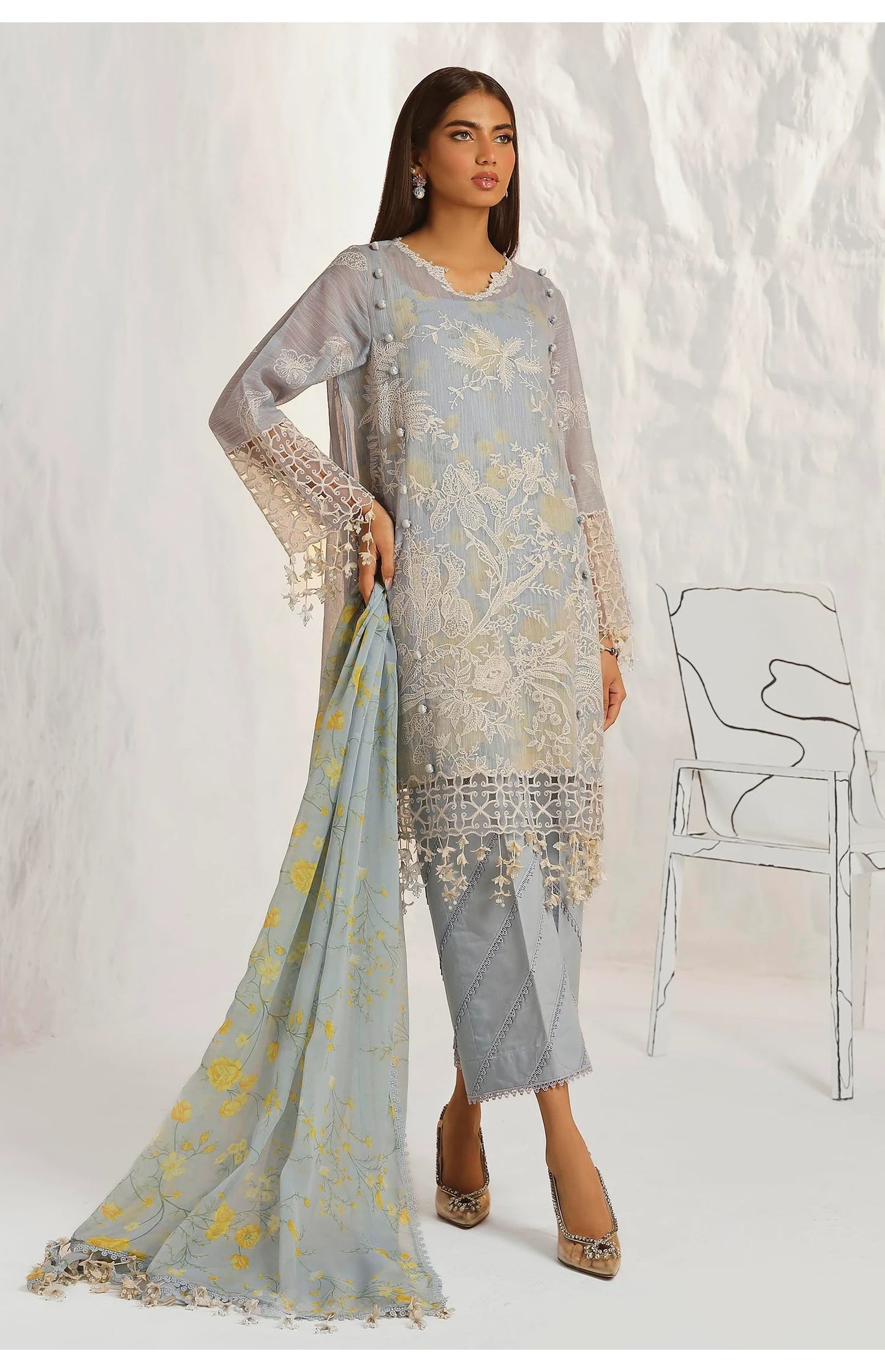 Powder Blue Embroidered Luxury Suit with Floral Dupatta