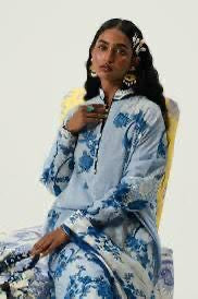 Blue Floral Lawn Suit with Chiffon Dupatta