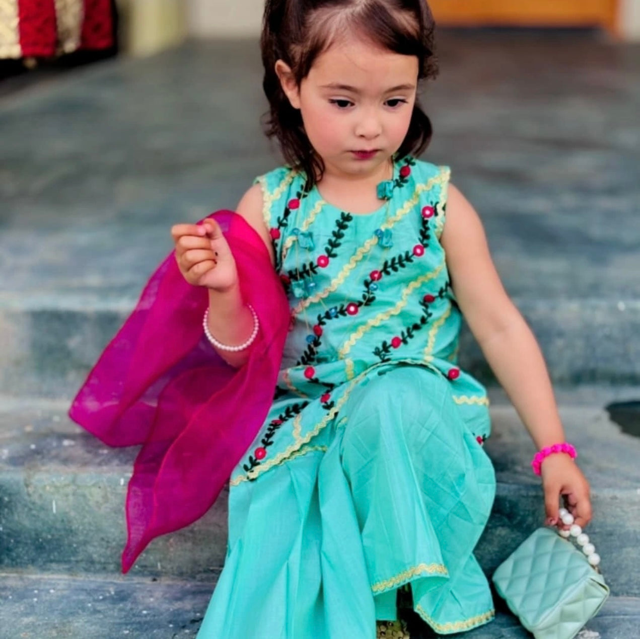Aqua Green and Pink Sharara Set for Girls