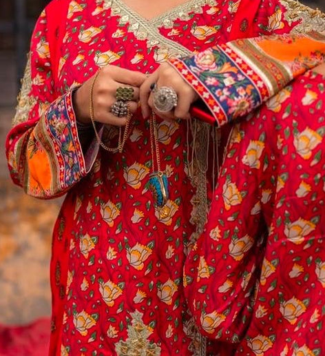 Red & Orange Heavily Embellished Festive Kurta Set