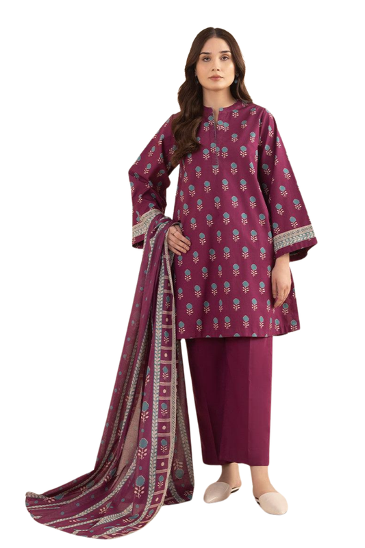 Plum Printed Cotton Suit with Matching Dupatta