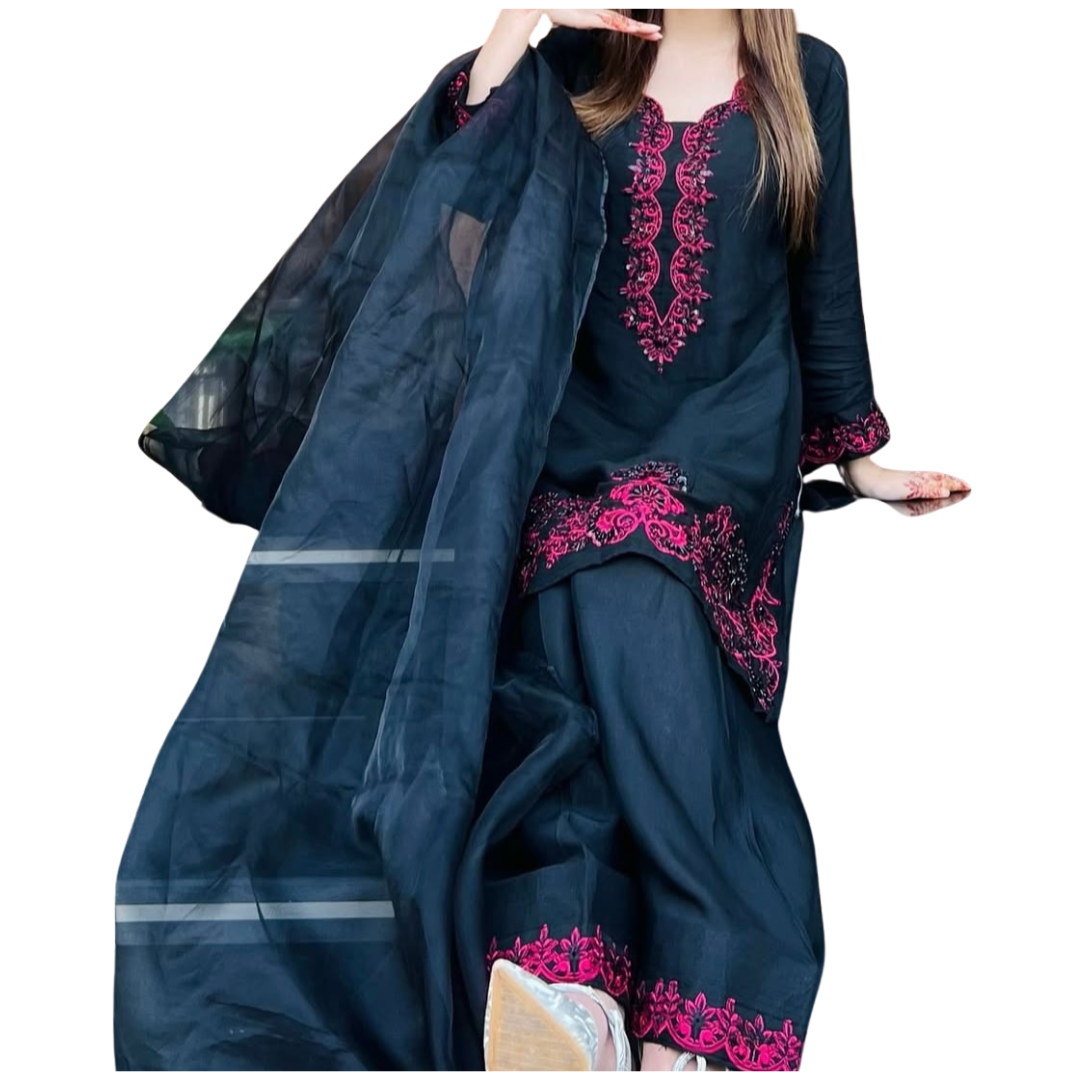 Black Pink Embroidered 3-Piece
Suit