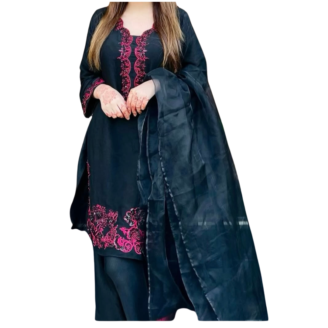 Black Pink Embroidered 3-Piece
Suit