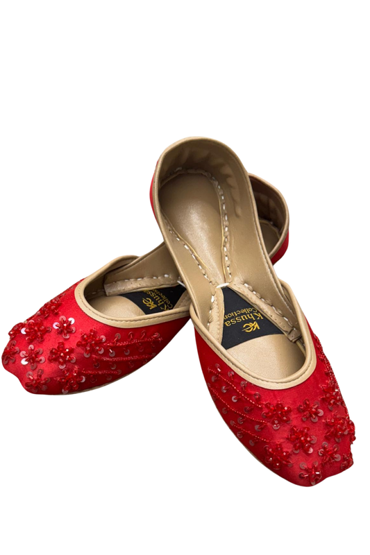 Handcrafted Red Sequin Khussa with Floral Detailing