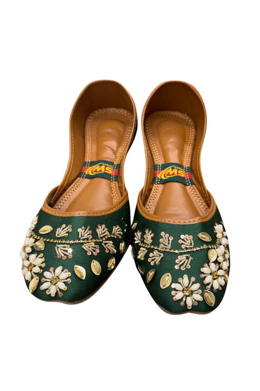 Handcrafted Green Embroidered Khussa with Golden Accents