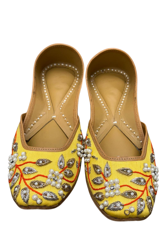 Handcrafted Yellow Embroidered Khussa with Pearl & Metallic Accents