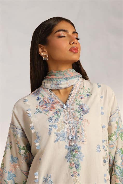 Beige & Pastel Blue Embroidered Lawn Suit