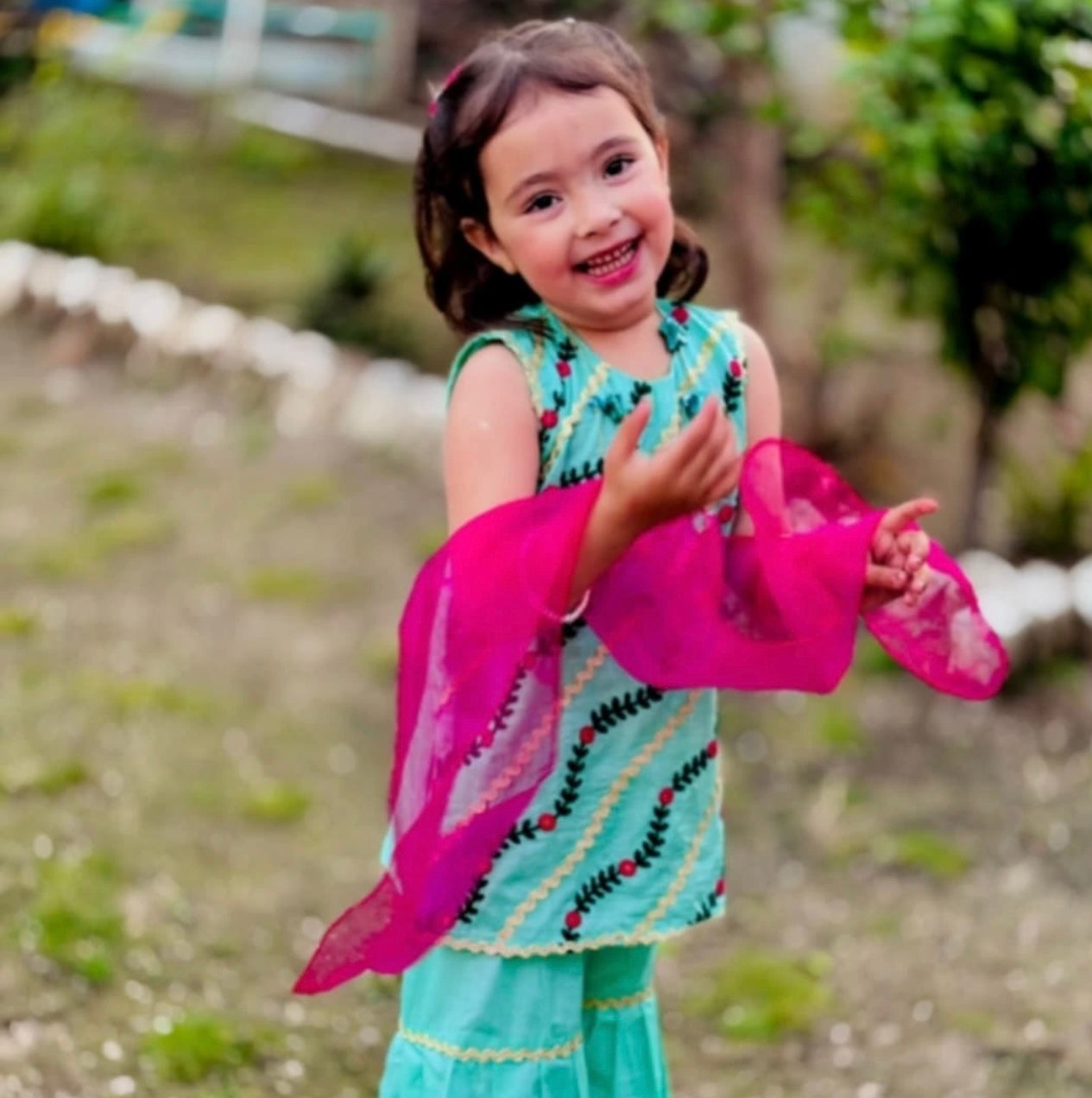 Aqua Green and Pink Sharara Set for Girls