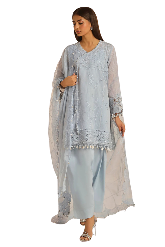 Powder Blue Embroidered Luxury Suit with Floral Dupatta