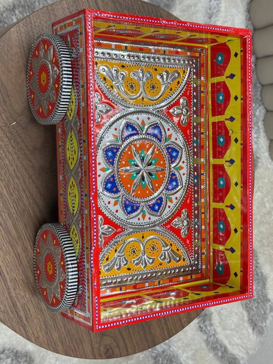 Hand-Painted Wooden Cart with Wheels (Red & Yellow)