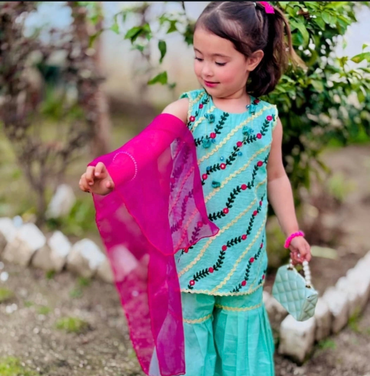 Aqua Green and Pink Sharara Set for Girls