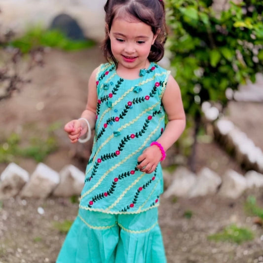 Aqua Green and Pink Sharara Set for Girls