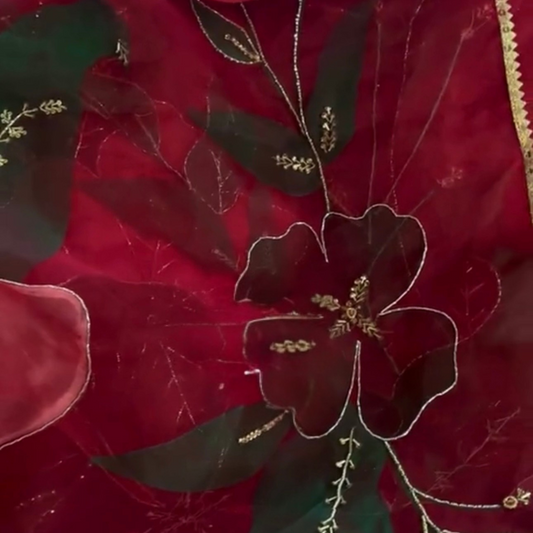 Deep Red Rose Hand-Painted Dupatta