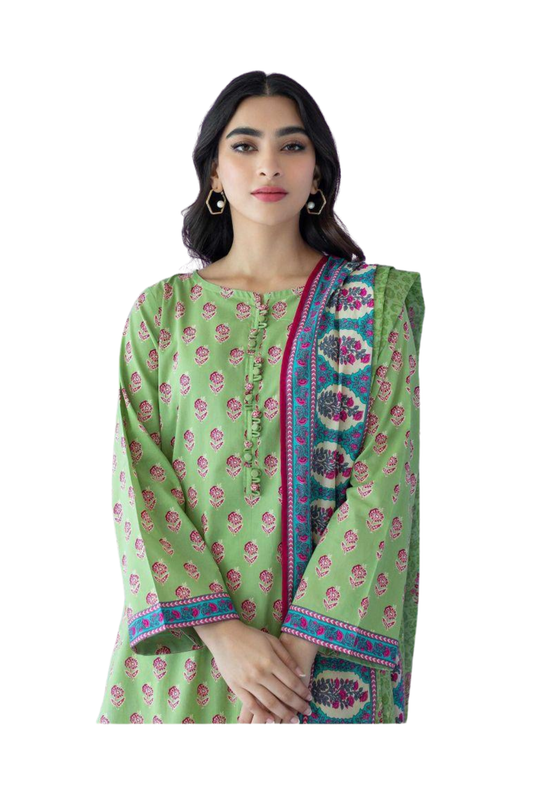 Lime Green Floral Printed Lawn Suit with Embroidered Dupatta
