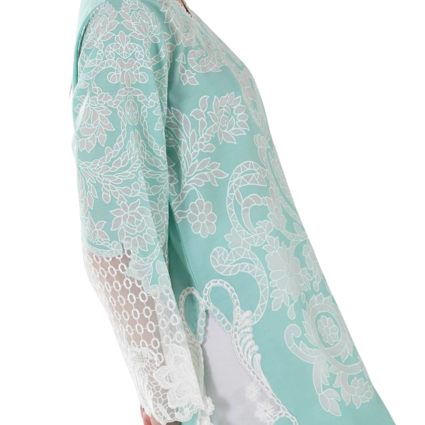 Aqua Embroidered Kurta with Lace Detailing