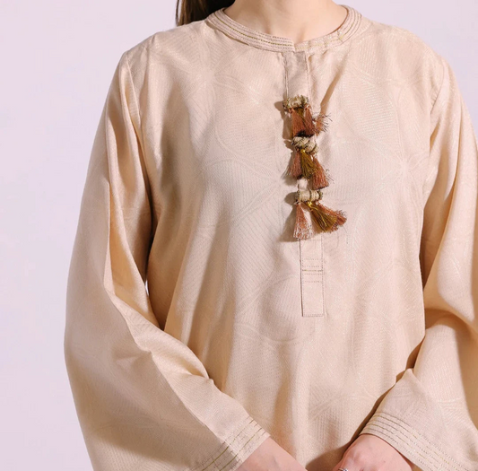 Beige Textured Kurta Set with Tassel Detailing
