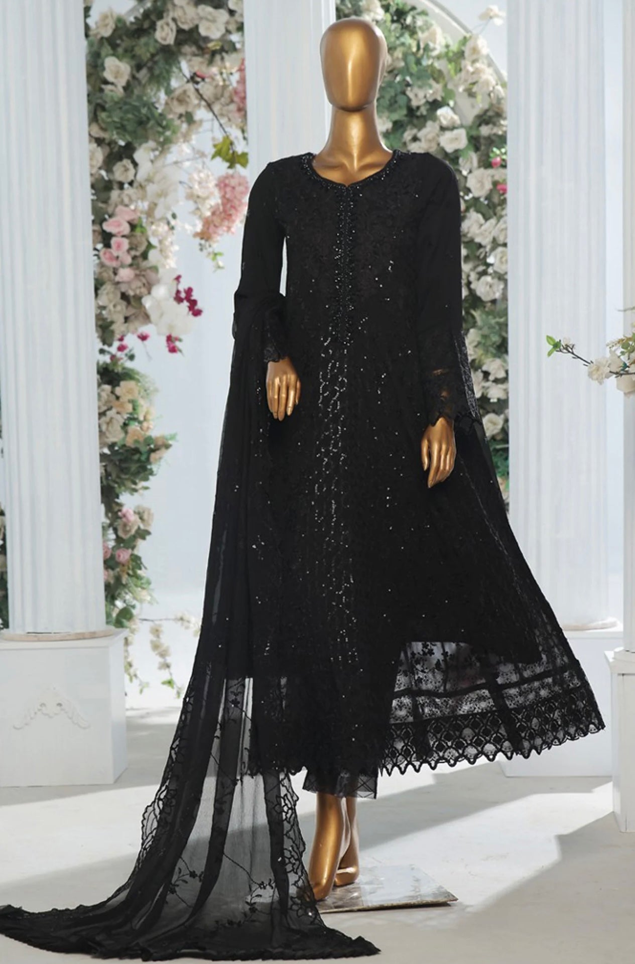 Black Embroidered Net Ensemble