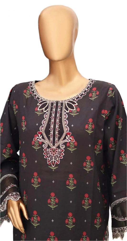 Black Floral Printed Suit with Embroidered 