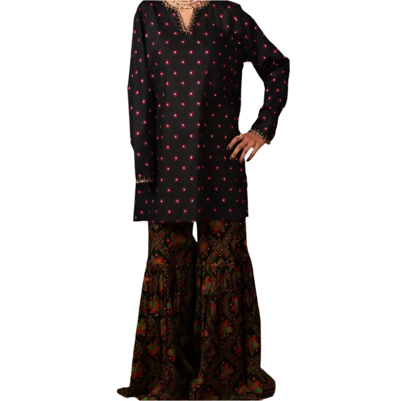 Black Printed Kurta with Flared Trouser