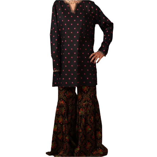 Black Printed Kurta with Flared Trouser