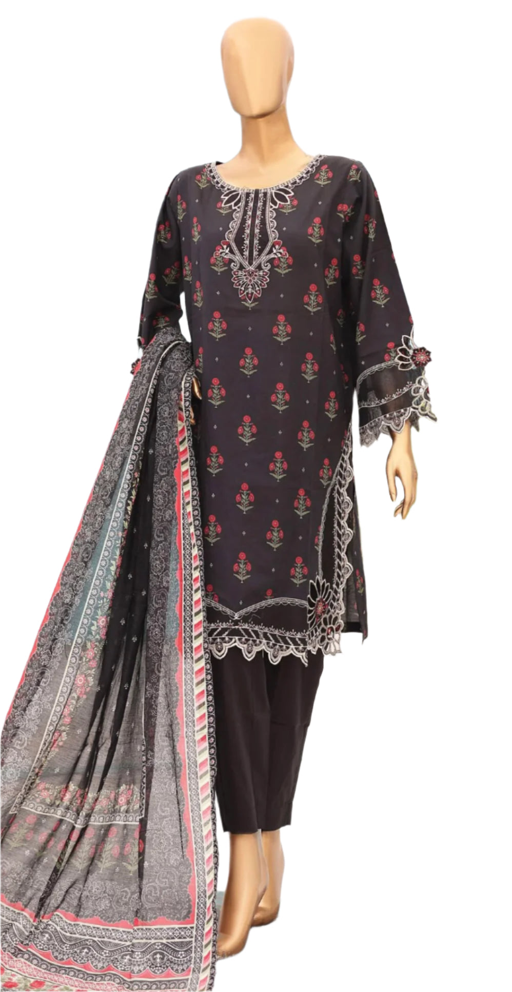 Black Floral Printed Suit with Embroidered 
