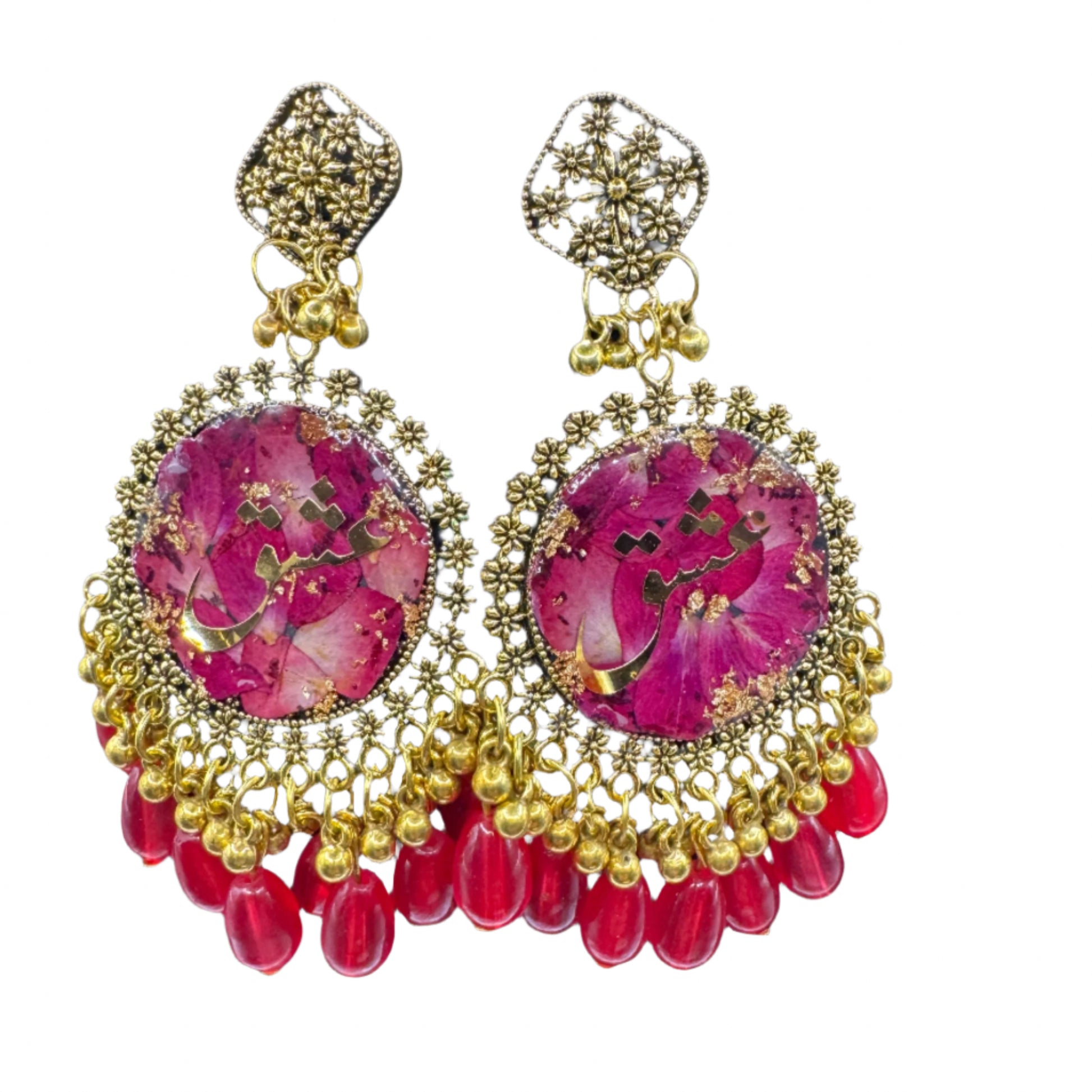 Burgundy Floral Urdu Calligraphy Earrings