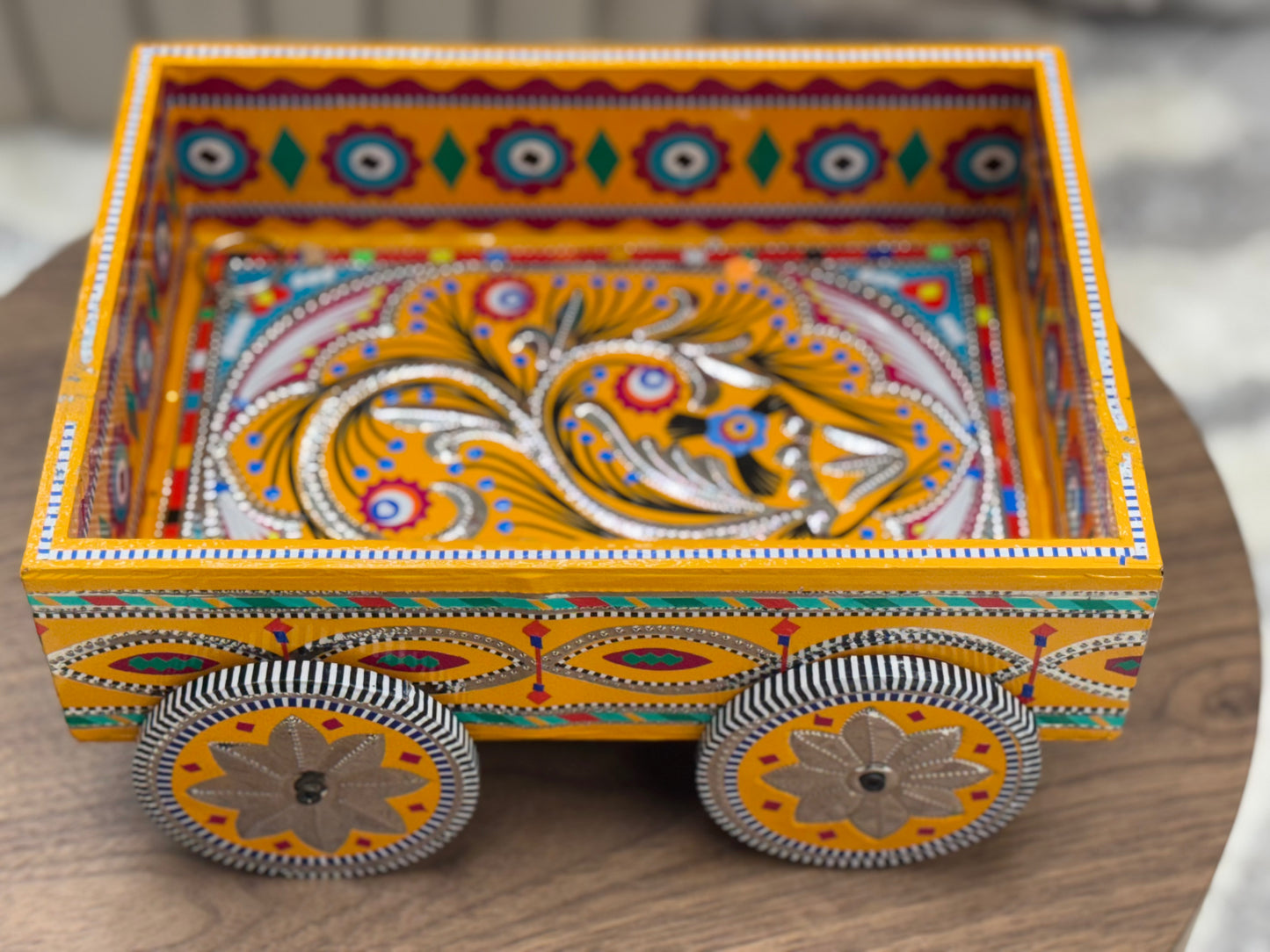 Hand-Painted Wooden Cart with Wheels (Orange)