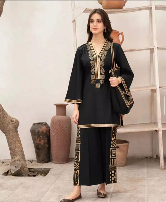 Elegant Black Geometric Embroidered Set CO-ORD Set