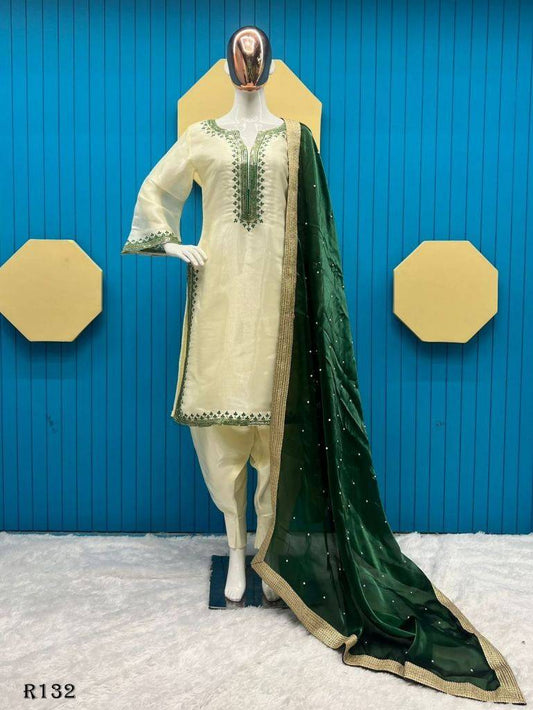 Elegant Ivory Green Embroidered Silk Ensemble