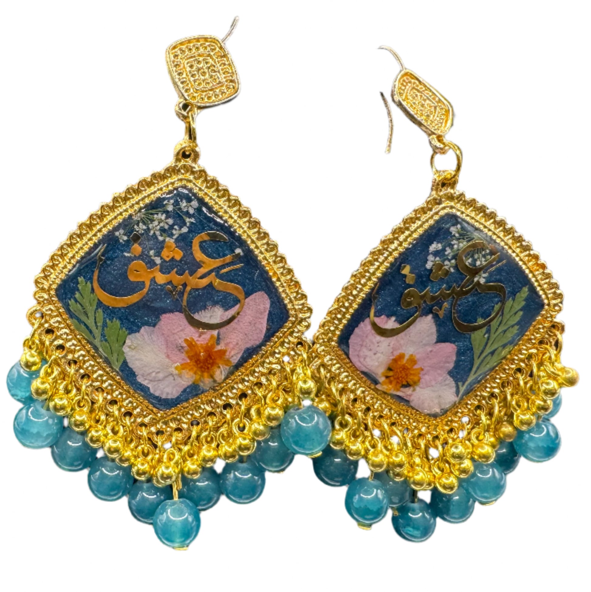Gold Framed Green Beaded Earrings with Urdu “Ishq”