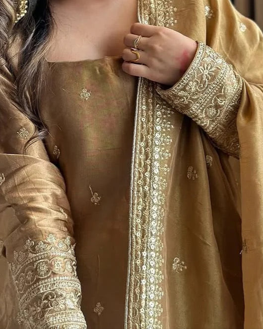 Gold Silk Embroidered Three-Piece Suit