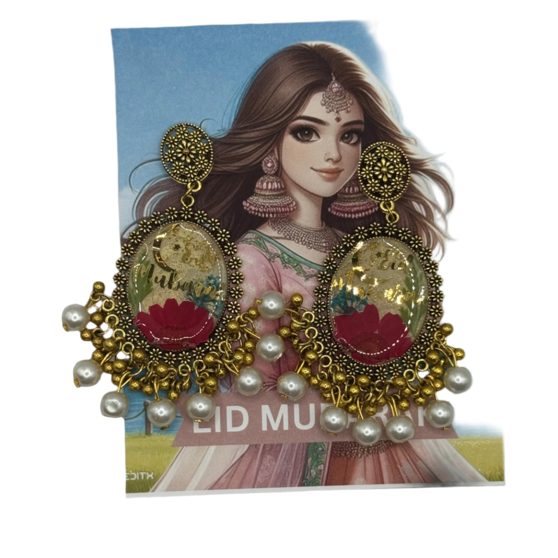 Golden & Pearl Urdu Calligraphy Earrings