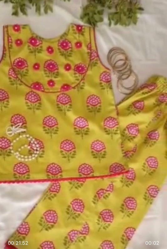 Green and Pink Printed Cotton Kurta Set