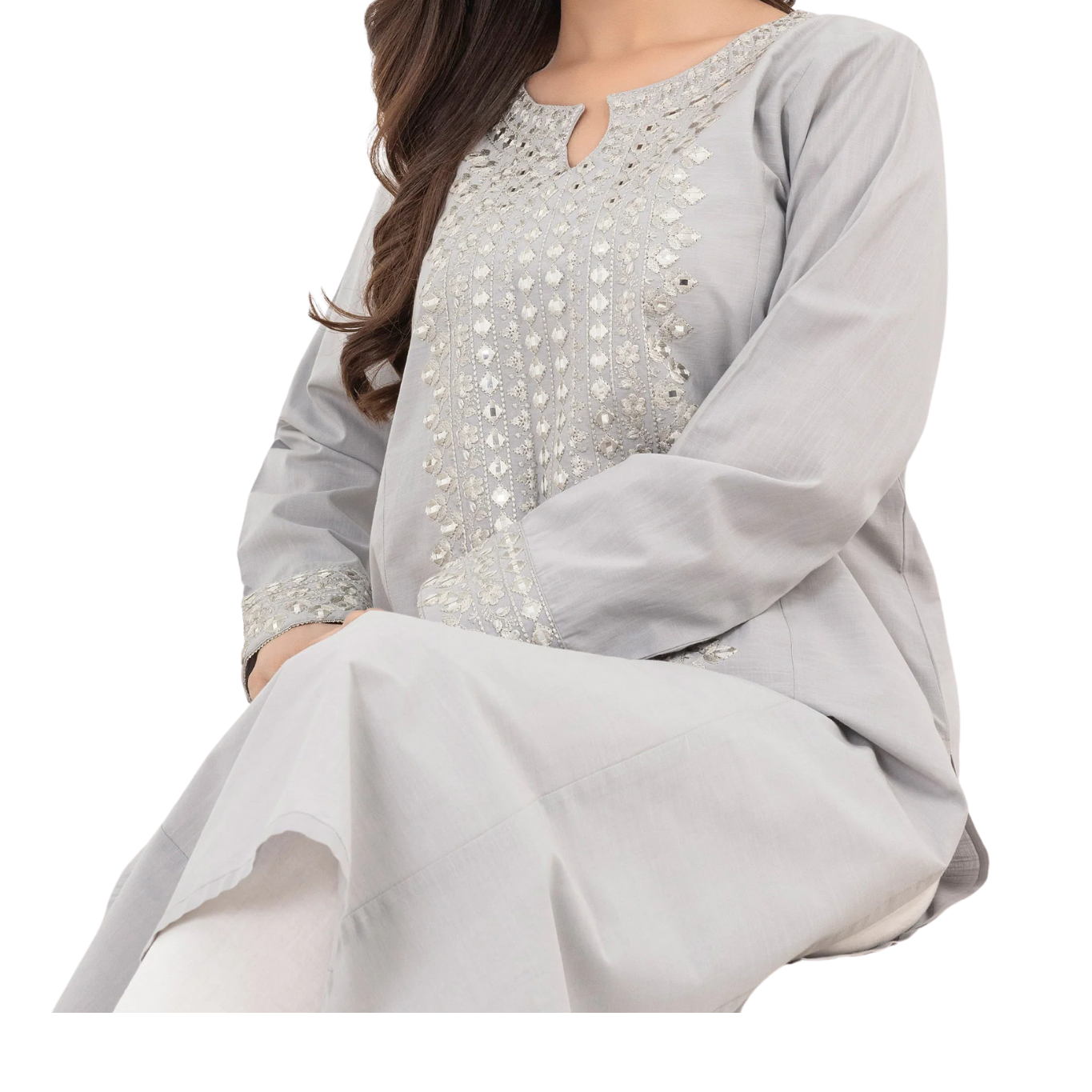 Grey Mirror Work Kurta with Minimalist Design