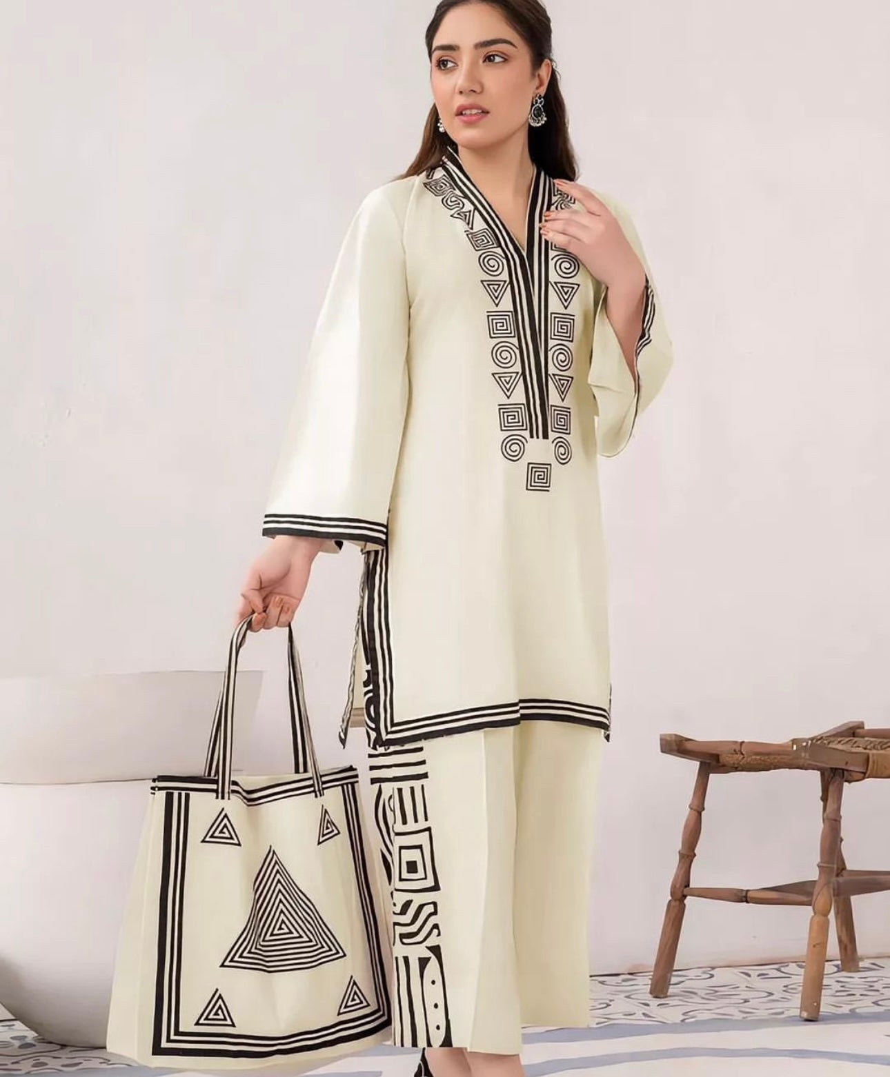 White & Black Geometric Printed Ensemble CO-ORD Set