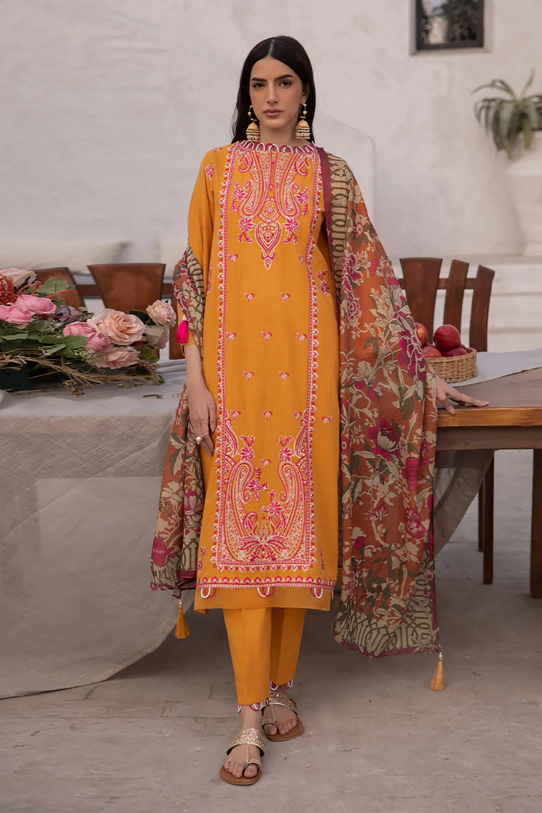 Mustard Embroidered Kurta Set with Printed Dupatta