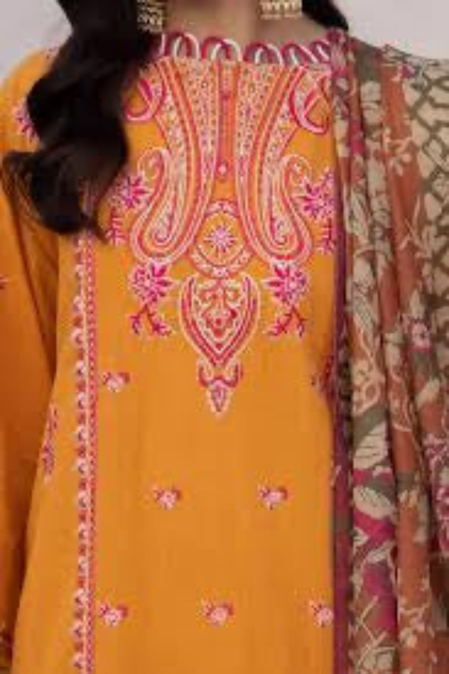 Mustard Embroidered Kurta Set with Printed Dupatta