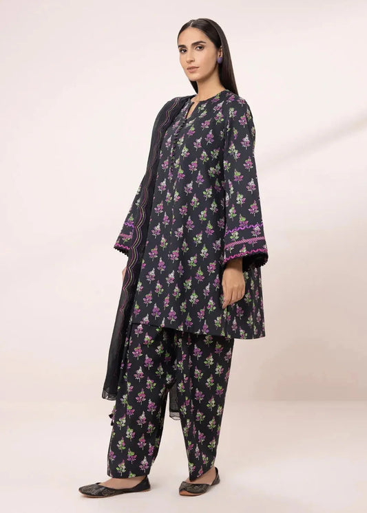 Black Printed Lawn Suit with Embroidered Dupatta