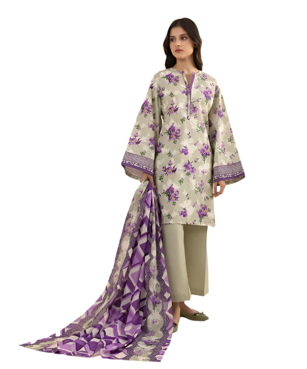 Cream & Purple Floral Printed Lawn Suit