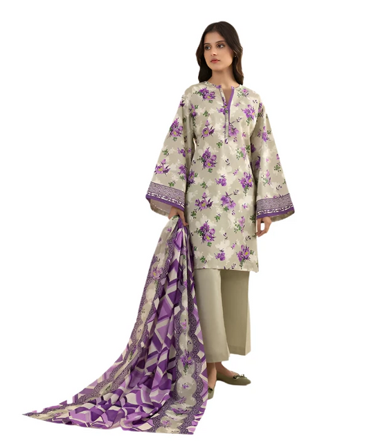 Cream & Purple Floral Printed Lawn Suit