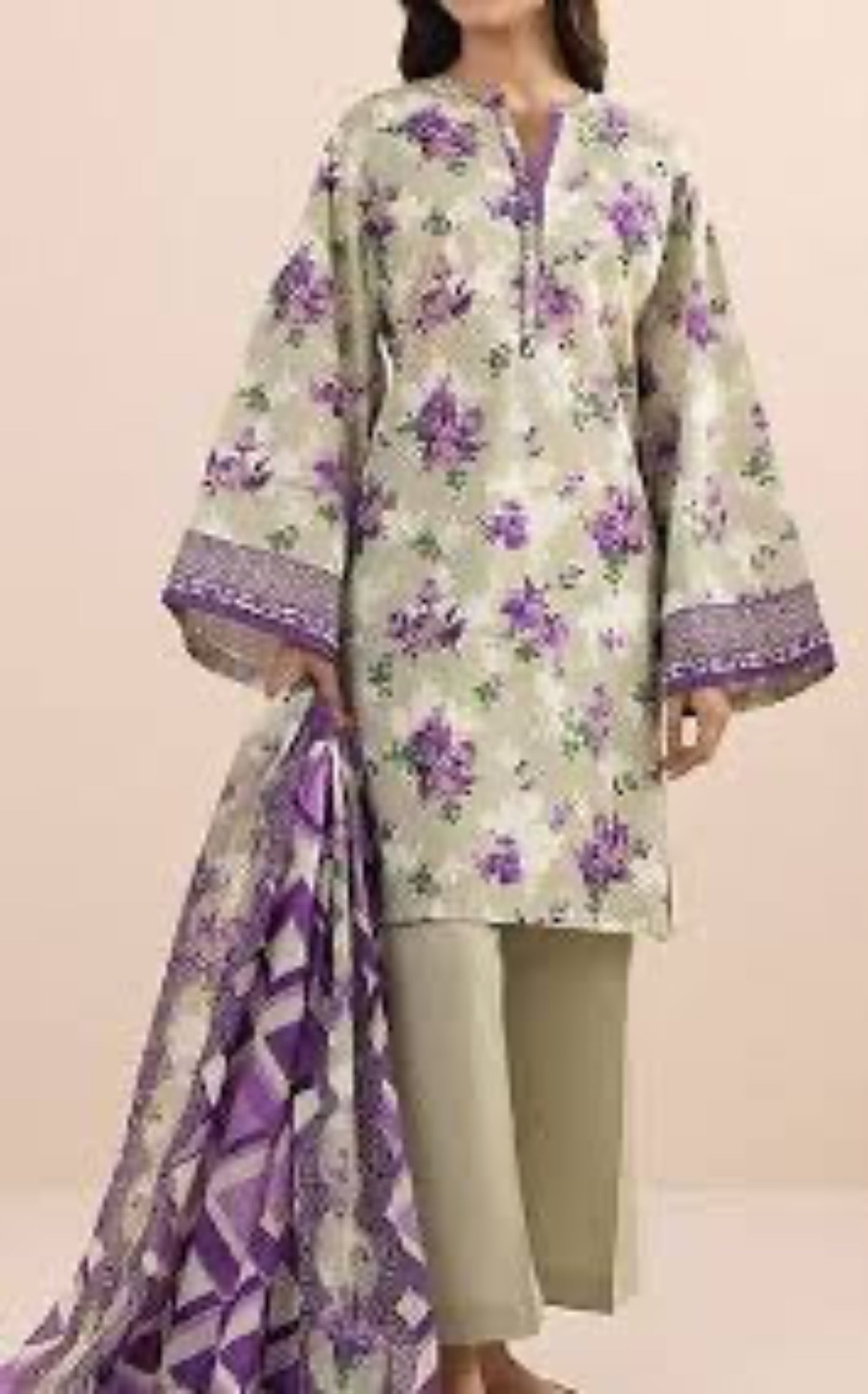 Cream & Purple Floral Printed Lawn Suit