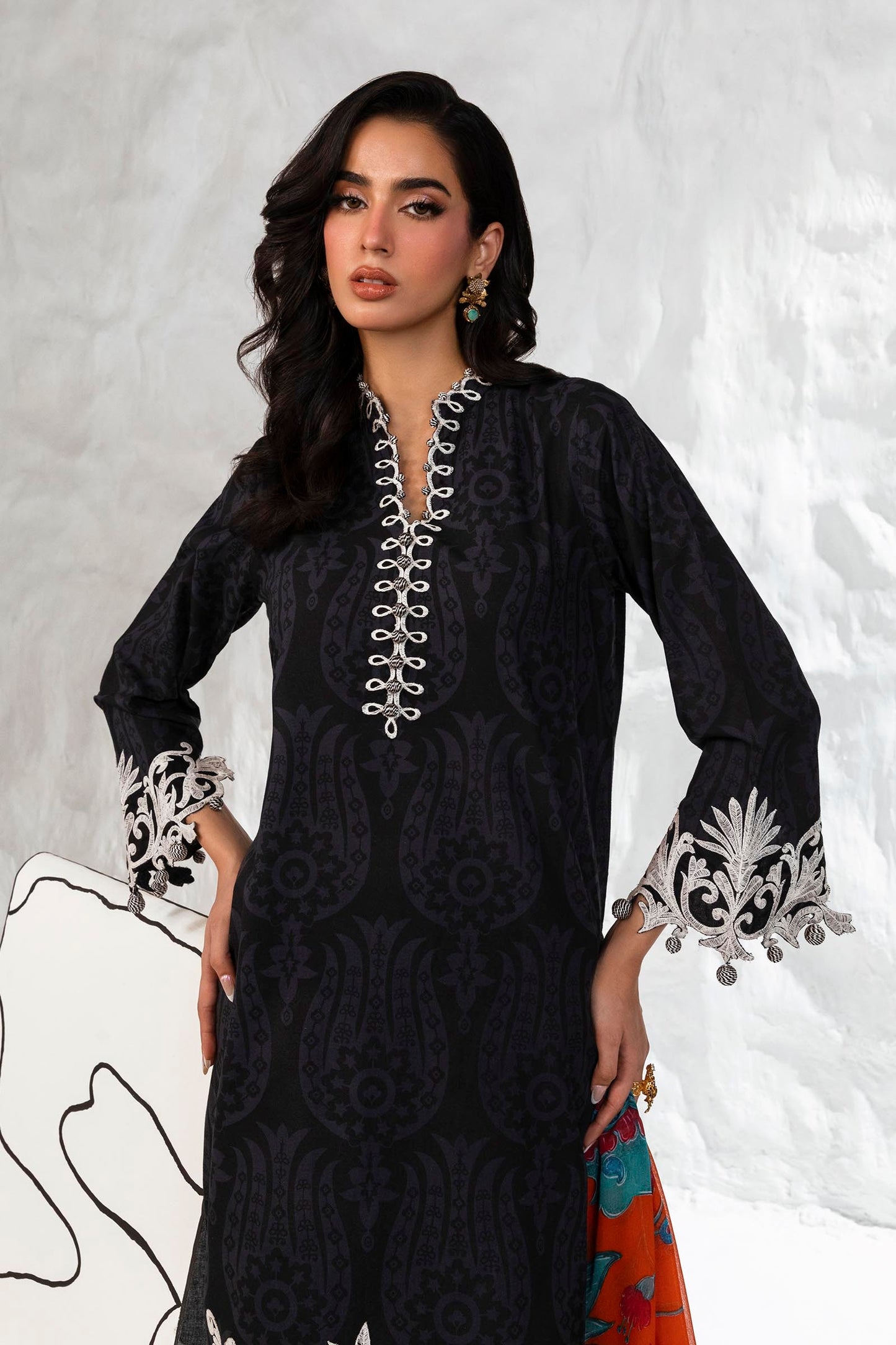 Black Embroidered Lawn Suit with Printed Dupatta