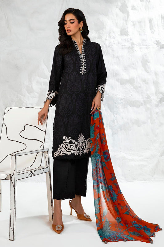 Black Embroidered Lawn Suit with Printed Dupatta