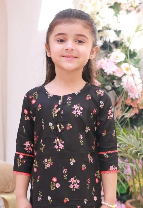 Black Floral Print Kids' Kurta Set