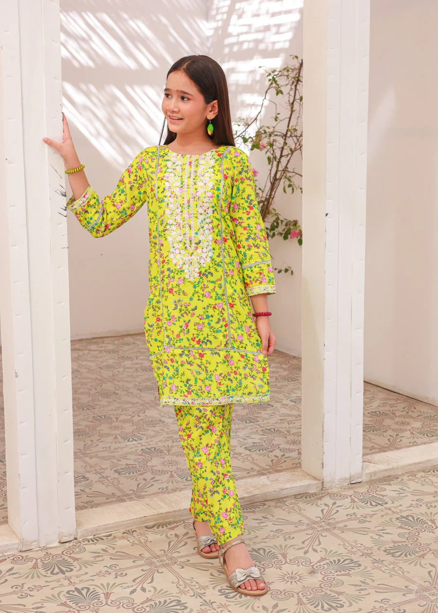 Yellow Floral Embroidered Kids' Kurta Set