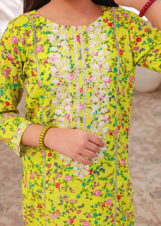 Yellow Floral Embroidered Kids' Kurta Set