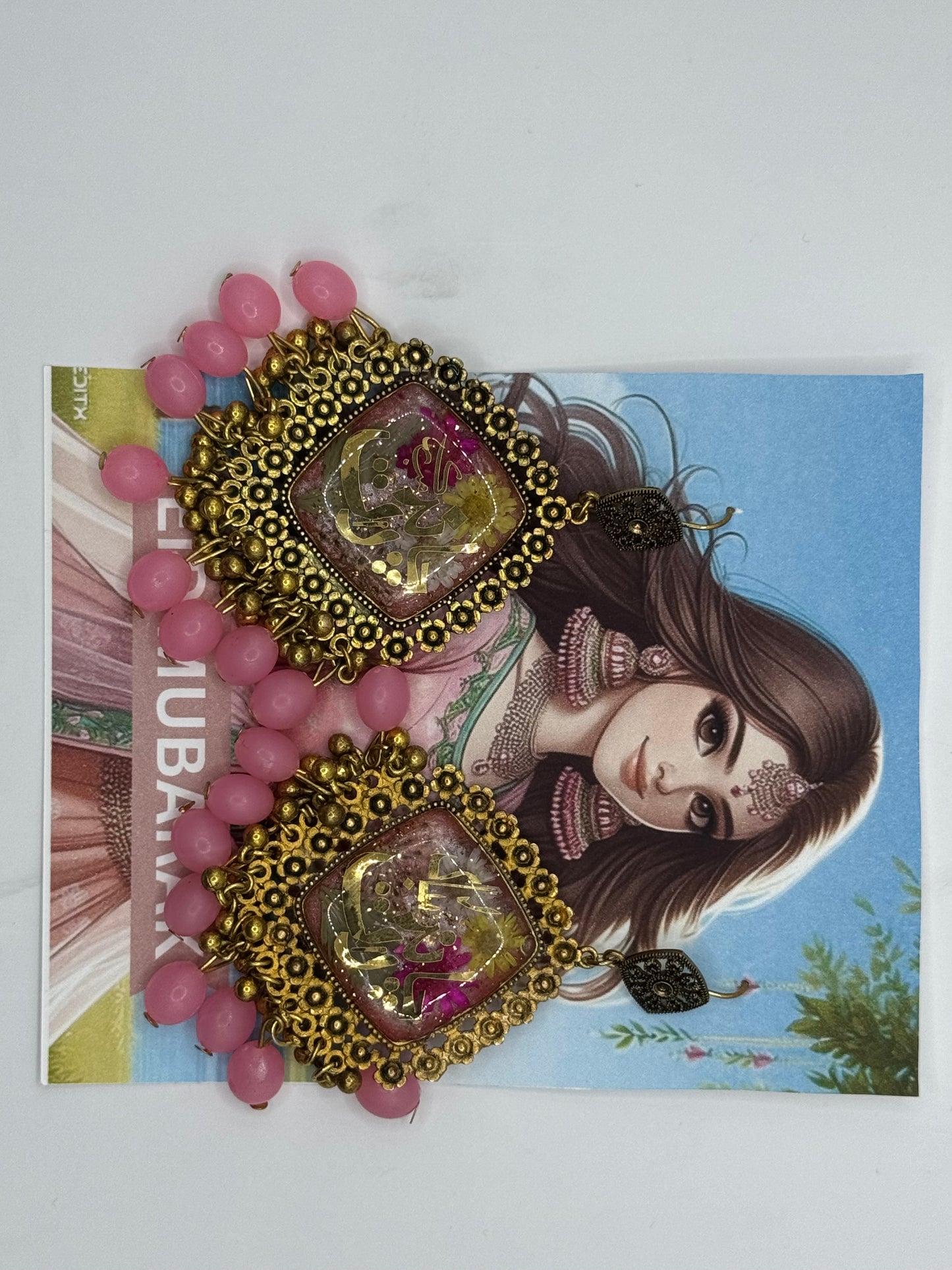 Pink Floral Square Urdu Calligraphy Earrings