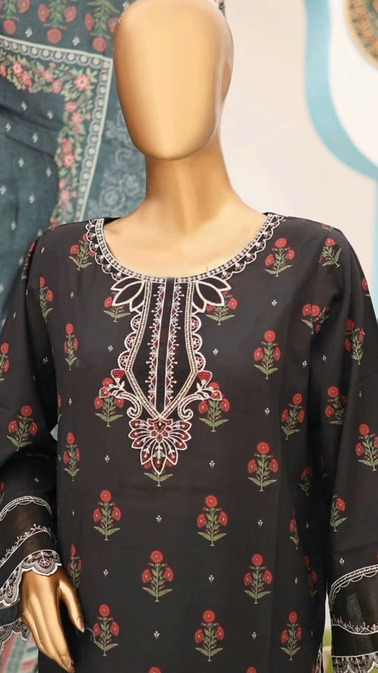 Black Floral Embroidered Lawn Suit with Dupatta