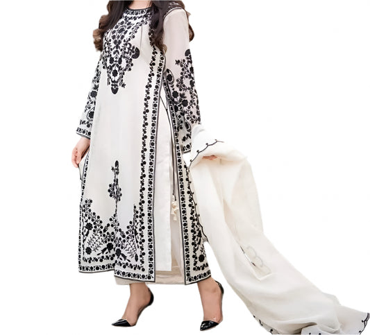White & Black Embroidered  Suit